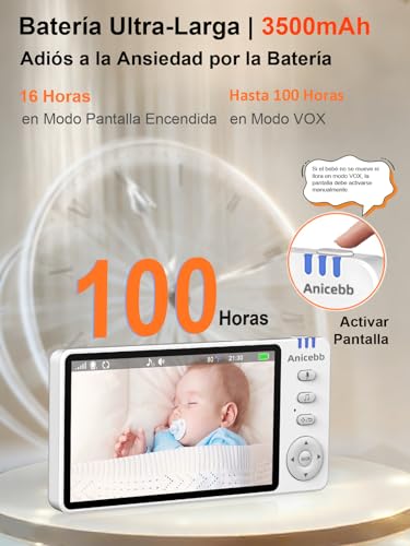 Camara Vigilancia Bebe 720P HD 5", Vigilabebés con Cámara y Audio sin WiFi, Pan Tilt Zoom 2X/4X, Batería 3500mAh con 100H en Modo VOX, Alcance 300m, Visión Nocturna, Alertas de Temperatura y Llanto