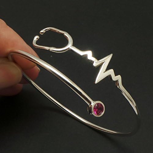 7" Handmade Sterling Silver Nurse Heart Beat Stethoscope Bracelet Bangle with Ruby Red Cubic Zirconia BirthStone