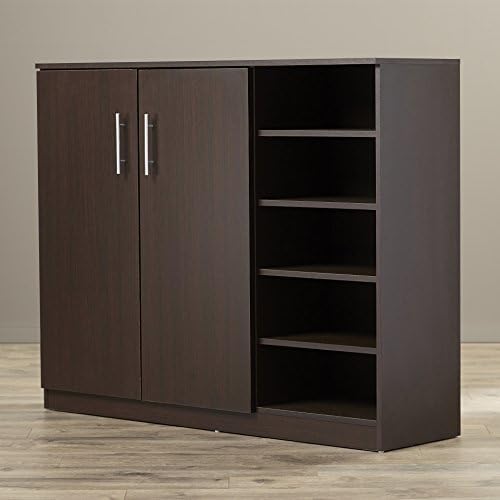 Traditional Style Zachery 15 Pair Shoe Storage Cabinet with 2 Doors and Open Shelving Made w/ Manufactured Wood in Walnut Finish 38.58'' H x 47.25'' W x 13'' D in.