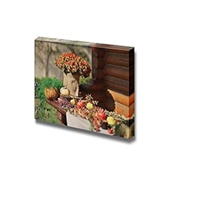 Canvas Prints Wall Art - On a Wooden Table Leaves, Lemon, Pumpkin and a Large Decorative Vase with a Bouquet of Chrysanthemums - 12" x 18"
