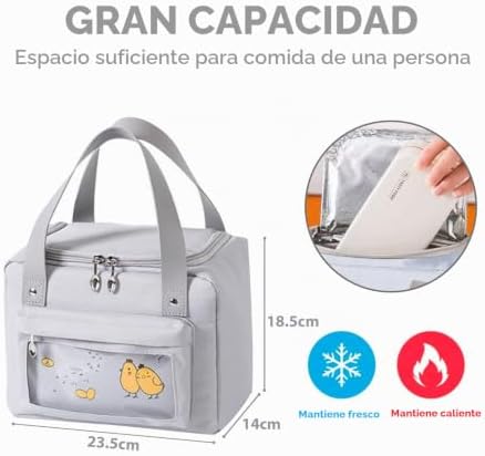 Bolsa Térmica Porta Alimentos 6L Gris, Bolsa Isotérmica para Almuerzo, Bolsa Comida Trabajo, Bolsa Nevera Pequeña con Tela Oxford y Forro Interior de Aluminio, Mujer, Niñas, Colegio y Viaje — foto 2 de 7
