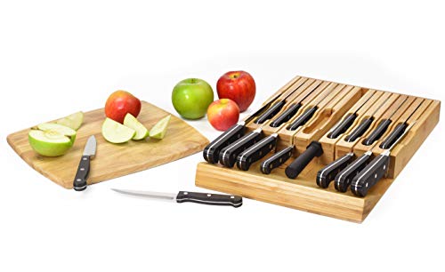 Eltow In-Drawer 16 Knife Block Bamboo Organizer | Drawer Knife Set Storage with Safety Slots for 16 Knives and Knife Sharpener | Cutlery Set Holder Elegantly Crafted from MOSO Bamboo
