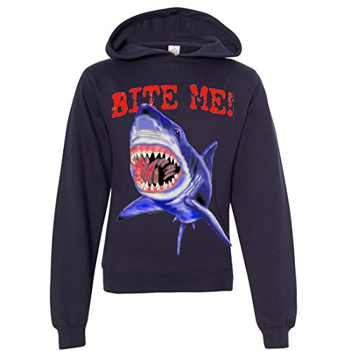 Bite Me Great White Shark Youth Sweatshirt Hoodie - Navy Medium