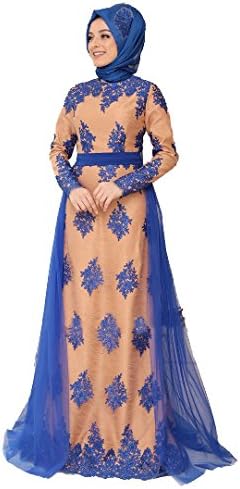 Turkish Muslim Modesty Evening Dress Long Sleeves Fully Lined Crew Neck Saxe for Muslim Woman