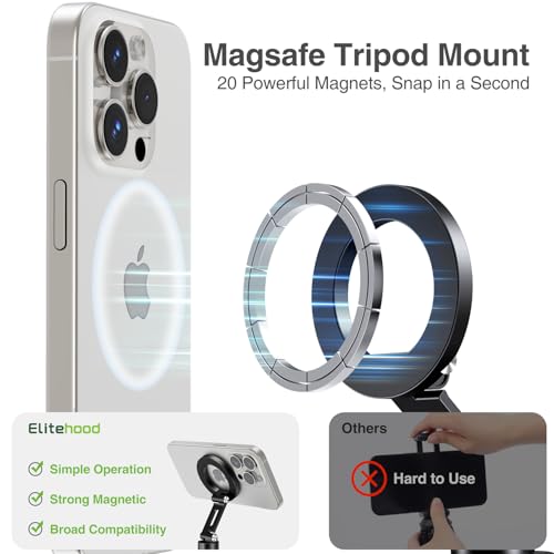 elitehood Magnetic Phone Tripod Mount for Magsafe, Aluminum iPhone Tripod Mount Adapter with 1/4” Screw, Cold Shoe Phone Mount for Camera, iPhone 16/15/14/13 Series