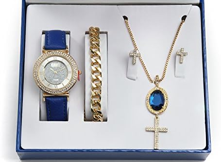 Sapphire Gem Pendent Iced Out Cross Necklace, Earrings, Gold Bracelet & Ladies Watch - CR7936 Sapphire