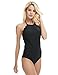LAPAYA Women's Bathing Suit Scalloped High Neck Halter Backless 1 Piece Swimsuit, Black, Tag Size M=US Size 6-8