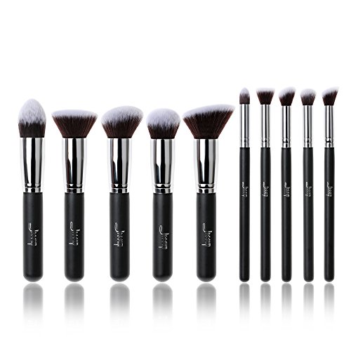 Jessup 10pcs Black/Silver Professional Liquid Kabuki Brush Foundation Blush Makeup Brushes Set Beauty Cosmetics Make Up Tools