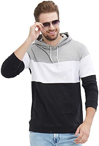 LEWEL Men's Full Sleeve Hooded T-Shirt (Black, White, Grey)