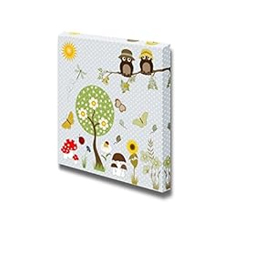 Canvas Prints Wall Art - Background with Flowers, Butterflies, Owls and Tree - 12" x 12"