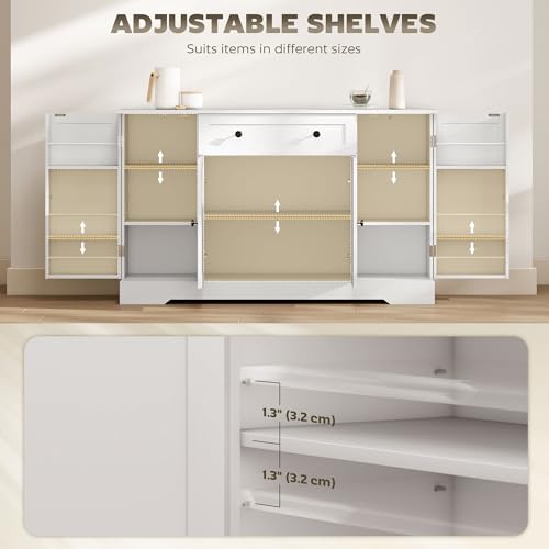 HOMCOM Farmhouse Sideboard Buffet Cabinet with Storage, 54" Coffee Bar Cabinet with 6 Door Shelves, Drawer, Adjustable Shelves and 4 Barn Doors, White