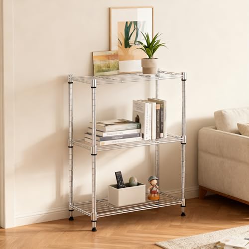 M MZG Metal Shelving Unit with 3 Levels, Load Capacity 204 kg, Adjustable Shelves for Kitchen, Bathroom, Pantry and Office, Study, Chrome, 30 x 45 x 67 cm