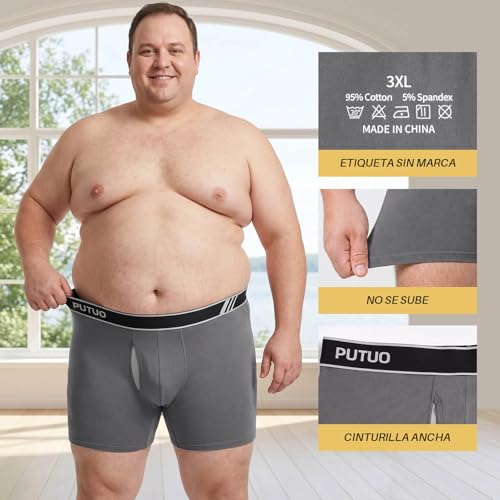 PUTUO Men's Cotton Boxer Briefs: Long Leg Underwear for Men in Large Sizes Comfortable and Breathable Boxer Briefs with Waistband Pack of 4 Pieces