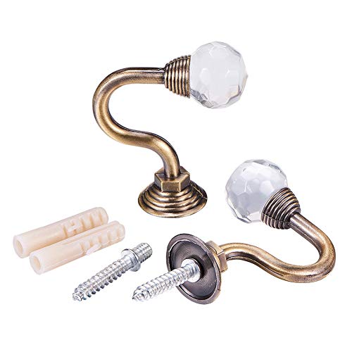 INCREWAY 1 Pair Clear Crystal Curtain Holdbacks with Screws, Wall Mounted Tassel Curtain Tieback Hook Multi Use Wall Hook Coat Hanger (Antique Brass) - Thumbnail 3