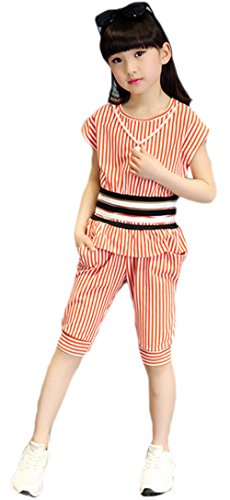 AvaCostume Girls' 2 Piece Stripes Short Sleeve Top and Cropped Pants