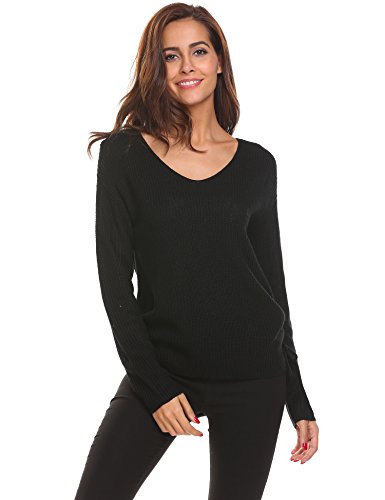 BEAUTYTALK Womens Casual V Neck Sweater Long Sleeve Knit Pullover Sweater Tops (Black, XX-Large)