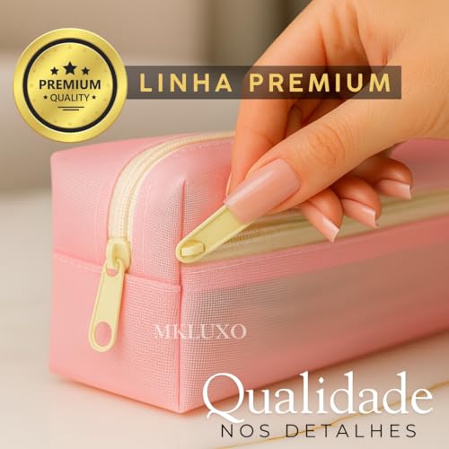 Estojo Escolar 2 Divisoria de Nylon Grande Transparente Organizador Material Lápis Caneta Borracha Papelaria Fofa Compartimento Fecho Metalico Volta as Aulas Box Necessaire Menino Menina (Rosa)