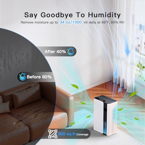 Globexis Dehumidifiers for Home, Quiet Dehumidifier for Bedroom for Small Spaces up to 800 sq.ft., 102oz Water Tank, Auto Shut-Off, Timer, 7-Color Light, Portable for Bathroom, Closet, RV, White