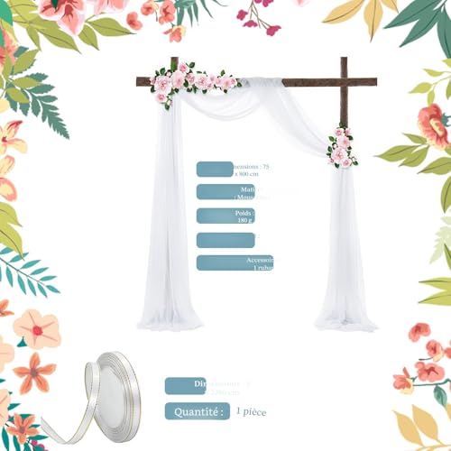 BEELUKY Arche Wall Hanging Wedding 75 x 800 cm White Net Curtain with 22 m Ribbons Draped Chiffon Fabric for Ceremony Decoration Backdrop Party Gauze Curtain