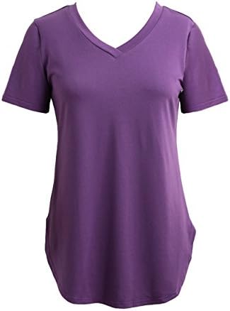 HUEGEY Women's Clothing Fashion Big Size T-Shirt Solid V Neck Short Sleeve Shirt Purple L
