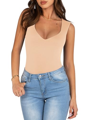 AGNES URBAN WOMENS V NECK TANK TOPS DRESSY SUMMER SLEEVELESS TOPS SEXY CASUAL GOING OUT T SHIRTS TRENDY TOPS BLOUSES APRICOT-M