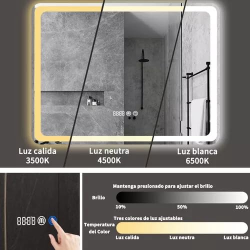 HALMAN Espejo Led para Baño,80 * 61CM Espejos de Pared Rectangular, Espejo Sin Marco con Iluminación de 3 Colores, Antivaho, Brillo Ajustable, Pantalla de Tiempo y Temperatura, Colgante Horizontal