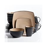 Square Dinnerware Service for 8, Plates Bowls Mugs, 32-Piece Set, Modern Taupe & Black by Gibson Home