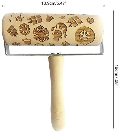 Perfuw Embossed Rolling Pins, Presents Wood Dough Roller, Natural Safe Wax Free Baking Roller, Easy Grip Handles For Christmas Hand Rolling, Dough, Pizza, Pastry, Cookie 5.5 By 7.1 Inch