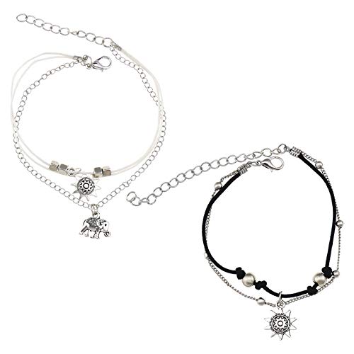 Creative-Idea Men Women Girls Beach Silver Tone Ankle Bracelet Boho Anklet Foot Jewelry 2pcs Sun Set - Thumbnail 5