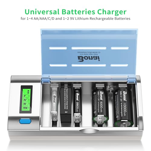 BONAI Universal Battery Charger for NI-MH AA AAA C D & Li-Ion 9V Batteries, Quick Charger with LCD Display & Discharge Function, Single Bay Monitoring, 4 Slots