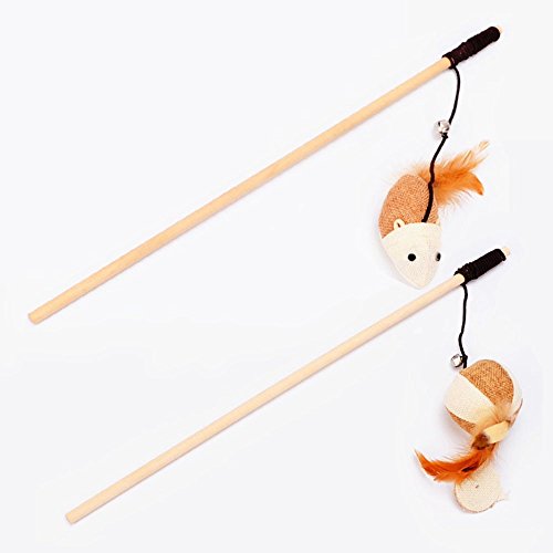 DTOLNatural Sisal Wand Teasers and Exerciser for Cat Kitten with Mouse/Pumpkin/ Toy, Bell, Feather, Elastic String and Sturdy Wood Rod, Set of 2