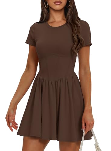 DARONG WOMEN 2024 SUMMER SHORT SLEEVE DRESSES CREW NECK SHORT CASUAL DROP WAIST A LINE MINI DRESS 9051 COFFEE M