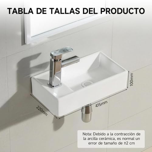 Lavabo de Baño Suspendido de Cerámica Blanca, Medidas 41.5×29×10cm, Diseño Moderno, Ahorra Espacio, Fácil de Instalar para Baño Doméstico