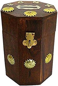 UniqueKrafts Wooden Handmade Octagonal One Flower Line Around with Beautiful Colored Coin Bank | Coin Box | Money Bank for Coins and Money for Kids and Adult (Dark Brown)