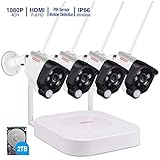 1080P Wireless Security Camera System, Tonton 4CH Full HD 1080P Network WIFI NVR with 2TB Hard Drive and 4PCS 2.0MP 1080P Outdoor Indoor Waterproof Bullet Cameras with PIR Sensor and Audio Recording