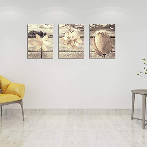 Canvas Art for Living Room Khaki Flower Wall Decor Painting and Brown Background Floral Print Pictures Artwork (12x16inch x3pcs)