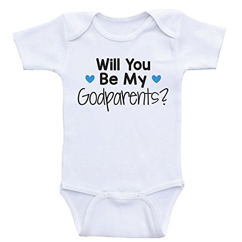 Godparent Baby Onesies "Will You Be My Godparents" One Piece Baby Bodysuits (3mo-Short Sleeve, Blue Hearts)