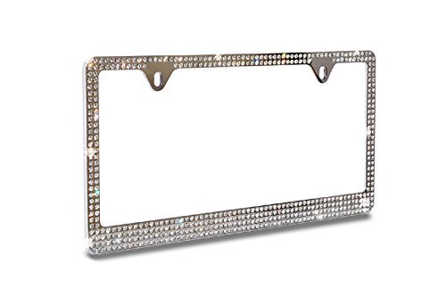 Super Bling 4 Rows White/Clear Real Crystal Rhinestone Embedded Metal Chrome License Plate Frame+Free Caps