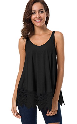 chouyatou Women's Lovely Scoop-Neck Loose Fit Lace-Jersey Flowy Tank Tops (Large, Black)
