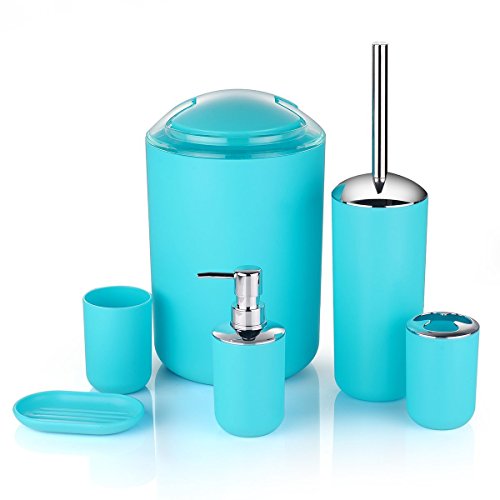 6 Pcs Plastic Bathroom Accessory Set Luxury Bath Accessories Bath Set Lotion Bottles, Toothbrush Holder, Tooth Mug, Soap Dish, Toilet Brush, Trash Can, Rubbish Bin (Blue) - Thumbnail 4