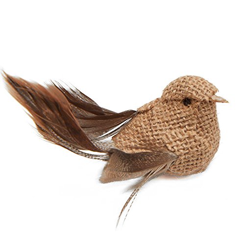 Feather Tail Natural Burlap Birds with Attached Clip | 6 Birds | for Indoor Decor