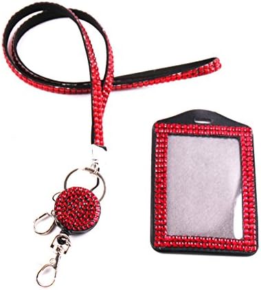 QIDUN Girl Badge Holder Rhinestone Lanyard Bling Crystal Necklace Badge Card Holder for Business Id/Key/Cell Phone (red)