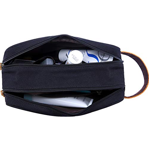 Kemy's Mens Toiletry Bag Leather Canvas Toiletries Travel Bag Grooming Shaving Bags for Men Dopp Dob Dobb Kits Toilet Hygiene Bathroom Bag Double Compartment for Traveling Waterproof Easter Gift Black