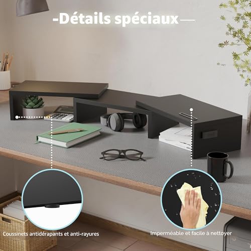 BONTEC Dual Monitor Stand, Desktop PC Monitor Riser, Wooden Desk Organizer, Adjustable Length and Angle for Portable Monitor and PC Monitor, Black