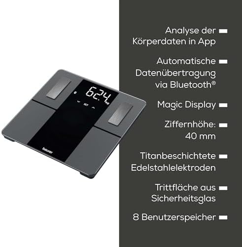 BF 500 Personenwaage mit Bluetooth & App, digitale Körperfettwaage mit Messung von Körperfett, Muskelanteil, Kalorienbedarf etc., XL-Display, Datenübertragung zu Apple Health & co., bis 180 kg