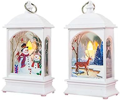 Christmas Candle Lantern, Vintage Hanging Lantern Flame Light with Elk/Snowman/Old Man Print Decorative LED Lamp Hanging for Christmas Party Garden Hanging Deco (2PCS)