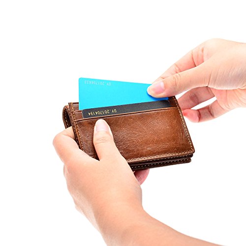 HAWEE Men's Bifold Front Pocket Wallet Genuine Leather RFID Blocking Card Billfold 5 Slots with Cash Clip, Brown