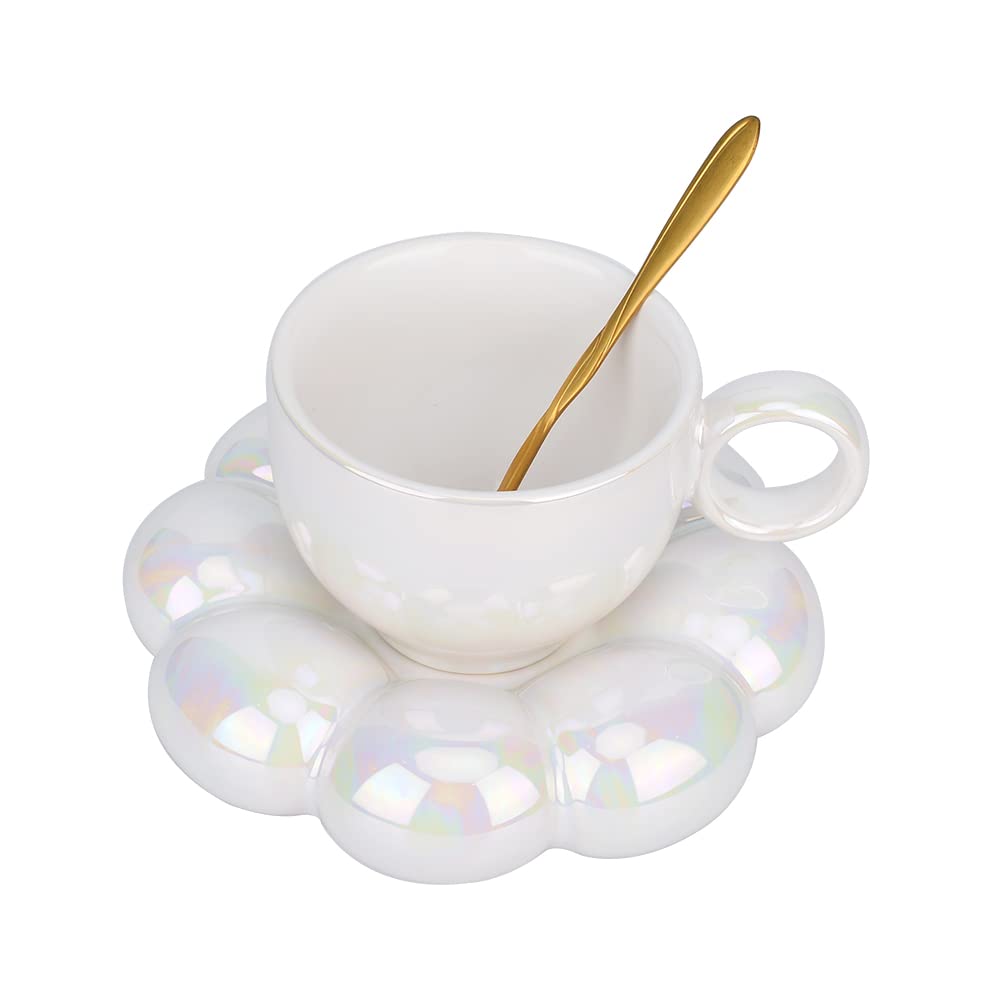 Ceramic Coffee Mug,Cloud Coffee Cup and Saucer Set,Cute Mug with Flower Spoon and Sunflower Coaster,Kawaii Tea mug with dish, Latte Cups 6.7oz/200ml for Office and Home for women Girls (Pearl White)