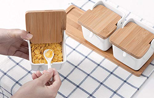 VanEnjoy White Ceramic Sugar Spice Containers Porcelain Jar Set with Flip Bamboo Lids, Tray and Spoons,Square Condiment Serving Tea,Coffee,Spice,Salt Set of 3