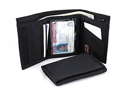 Men's Nylon Trifold Wallet w/INSIDE ID. Hook and Loop Closure. Black. USA Made